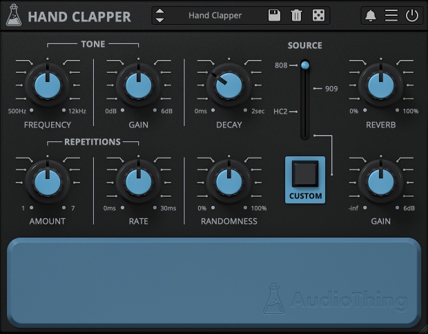 A clap-focused drum synth with vintage noise sources, sample import, filter, reverb and preset randomiser.
