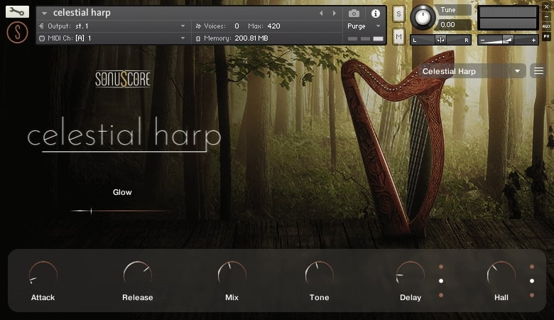 A sampled Celtic harp with natural and harmonic layers plus a Glow particle pad for cinematic, fantasy-oriented textures.