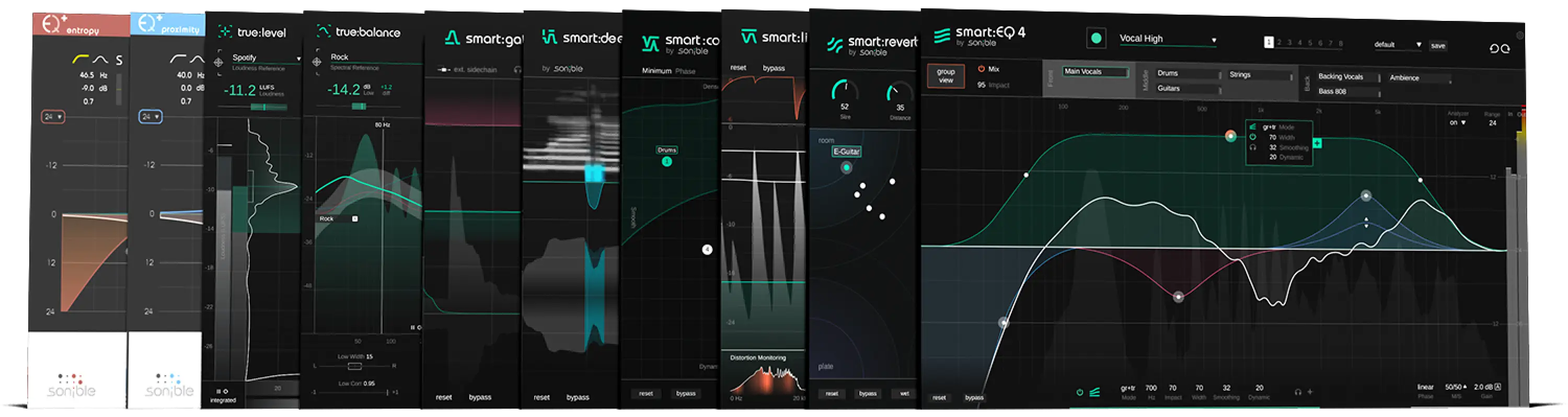 A suite of content-aware plugins for adaptive reverb, gating, EQ, compression, metering and targeted repair.