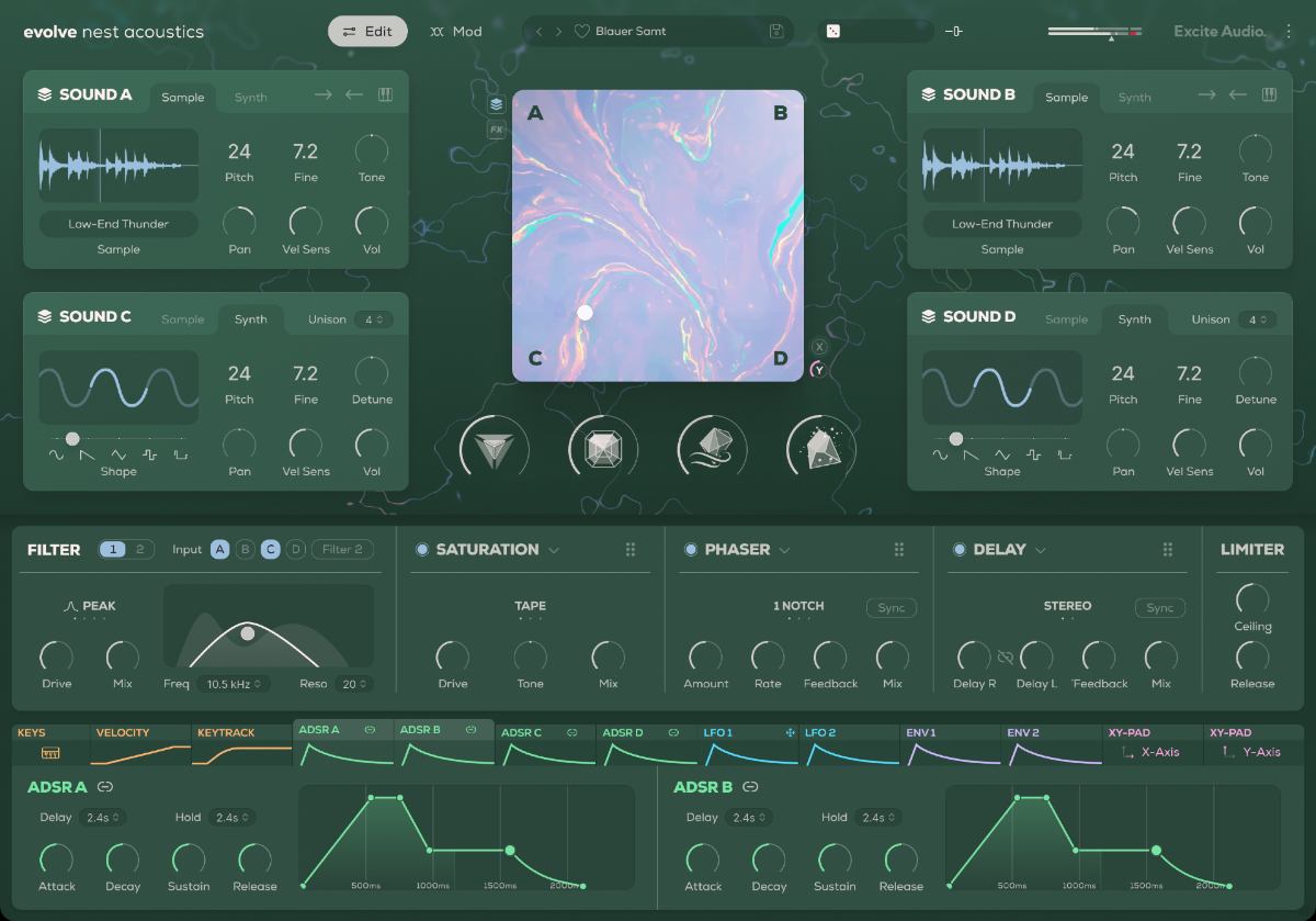 Quad-layer hybrid instrument blending organic field recordings and synth oscillators with realtime XY control and macro effects.