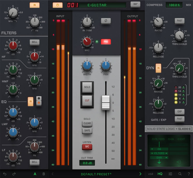 Authentic SSL 4000E channel strip emulation with selectable EQ flavors, saturation, dynamics and oversampling.