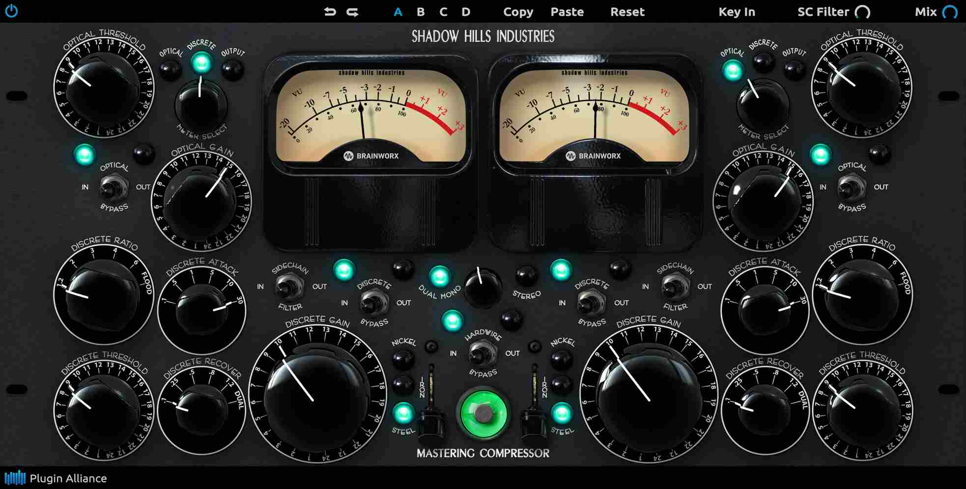 Dual-stage mastering compressor with switchable transformers and Brainworx mixing features.