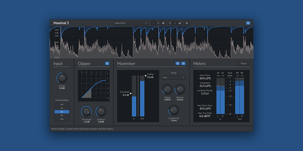 True-peak limiter and variable soft clipper with LUFS metering and up to 16x oversampling.