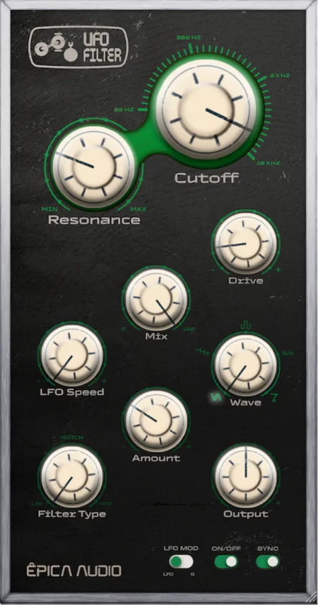 Épica Audio UFO Filter plugin interface on sale at Plugin Boutique, 40% off until Oct 18