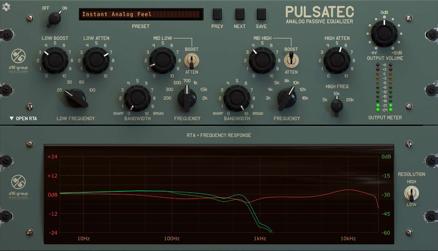 Vintage-inspired passive EQ modeling with simultaneous boost/cut, dual-band mid control, and integrated real-time analysis.