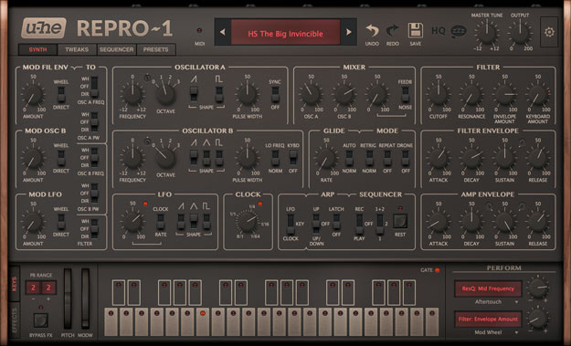 Two component-modelled analogue synths (Repro-1 monosynth and Repro-5 poly) with deep modulation and vintage-style effects.
