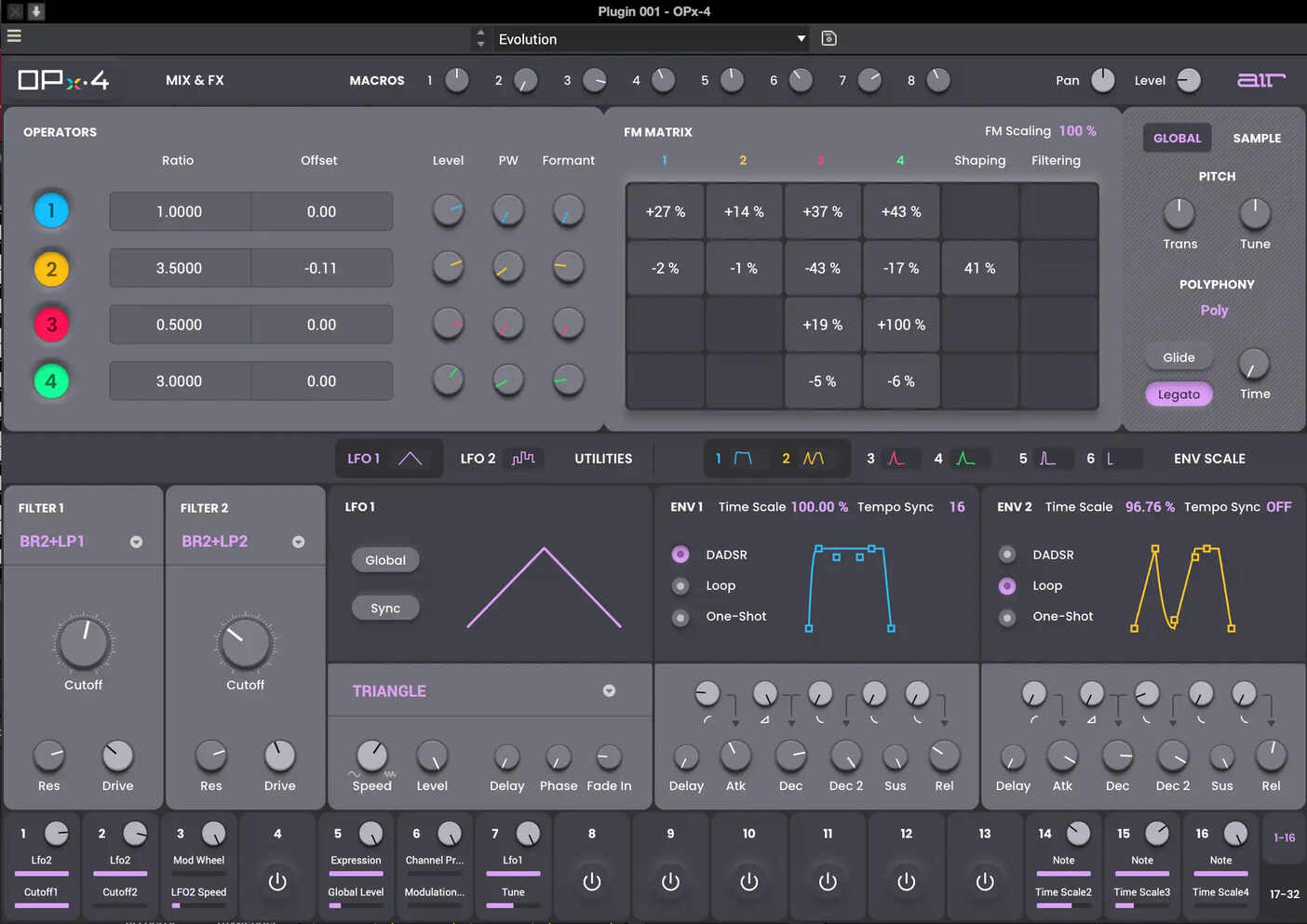 Four-operator FM synth with extensive modulation, dual filter paths, and built-in effects for classic and experimental digital tones.