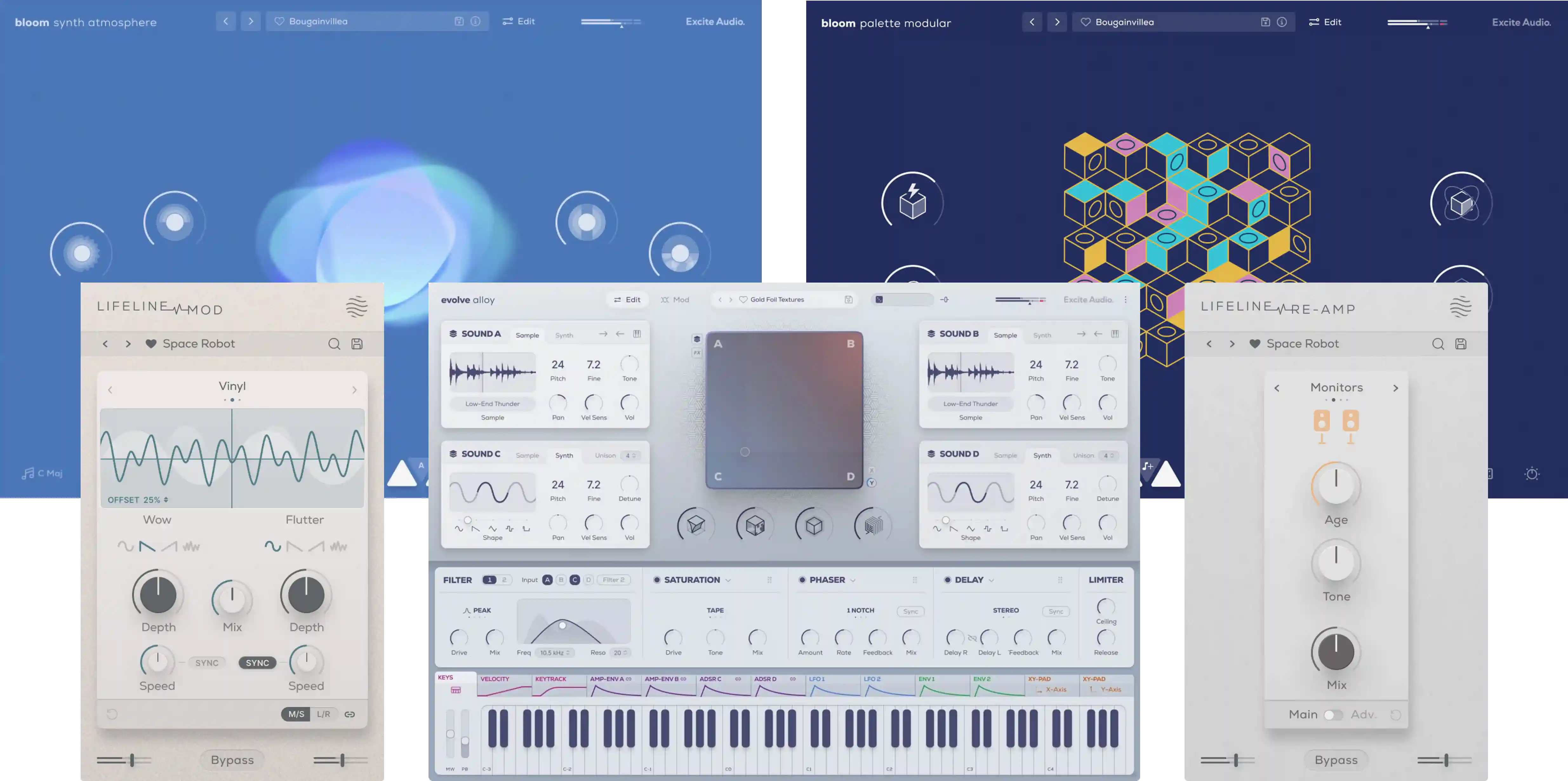 Five instruments and effects for metallic tones, modular textures, ambient soundscapes, pitch warping, and speaker re‑amping.