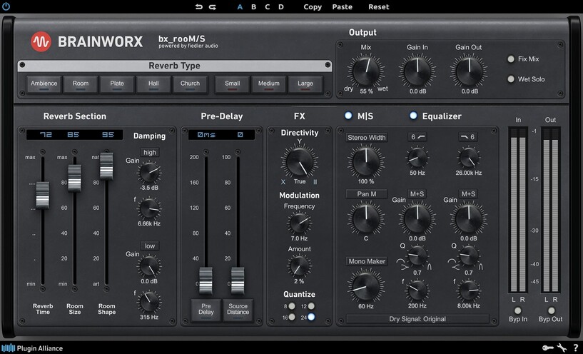 Continuous-space reverb with M/S shaping, stereo-width control and a large preset library.