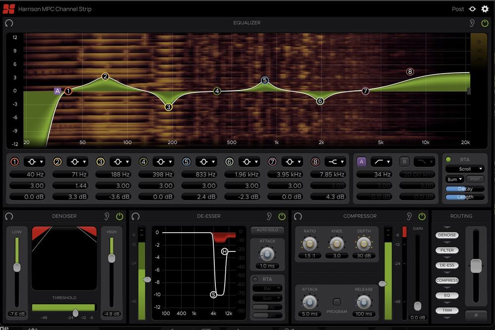 Channel strip optimized for post-production speech processing with denoiser, de‑esser, EQ, compressor and flexible routing.