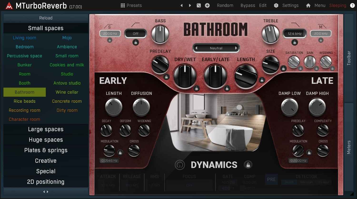 Algorithmic reverb with about 100 presets and a programmable engine for custom and experimental reverbs.
