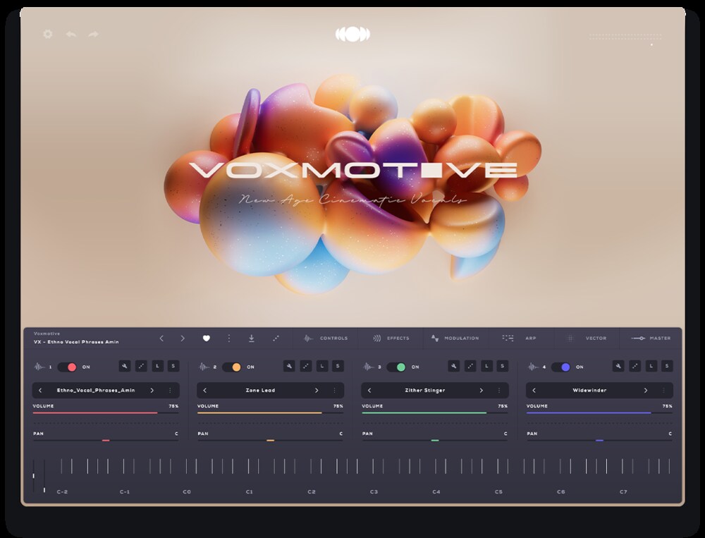 Soprano and ethnic vocal phrases with vocal FX, provided as an MPE-ready Soundbox instrument.