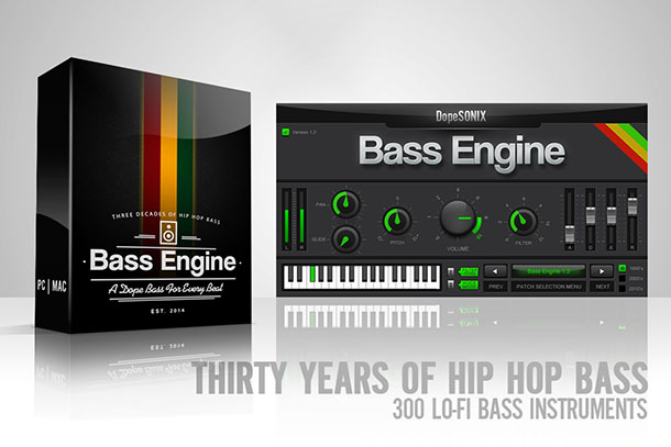 A compact hip‑hop bass instrument with 300 presets, 50 MIDI lines and low CPU usage.