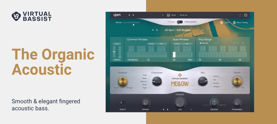 A sampled upright bass with player and instrument modes for realistic, fingered acoustic bass parts.