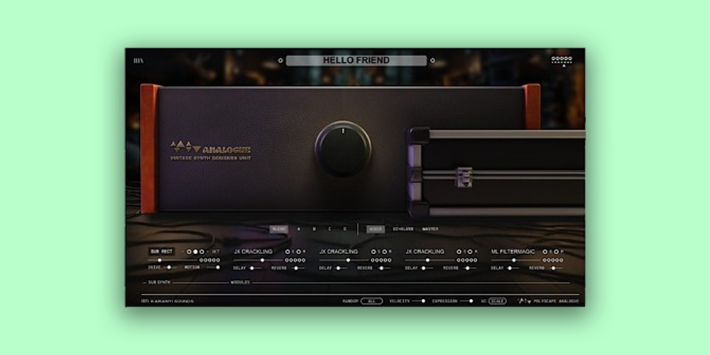 Multi-layer synth delivering vintage analog tones, drive saturation and combined delay/reverb for lush, classic synth sounds.