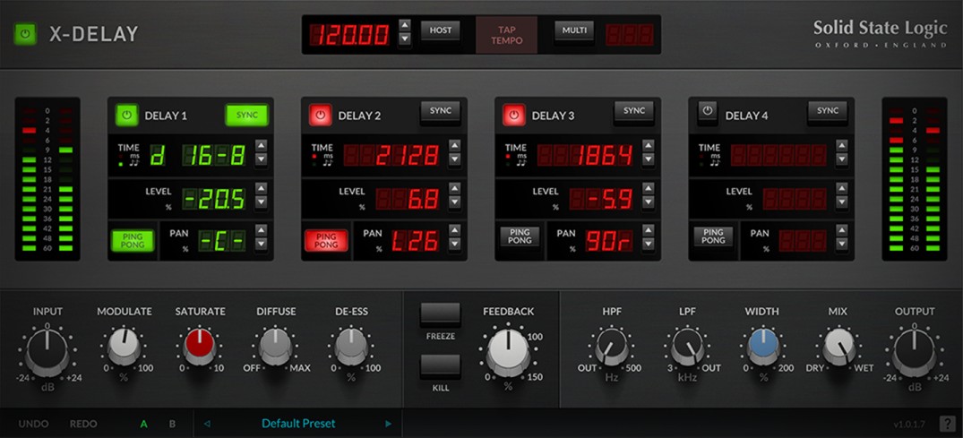 Vintage-inspired delay with configurable taps, diffusion reverb, saturation and a global time multiplier for creative rhythmic and ambient effects.