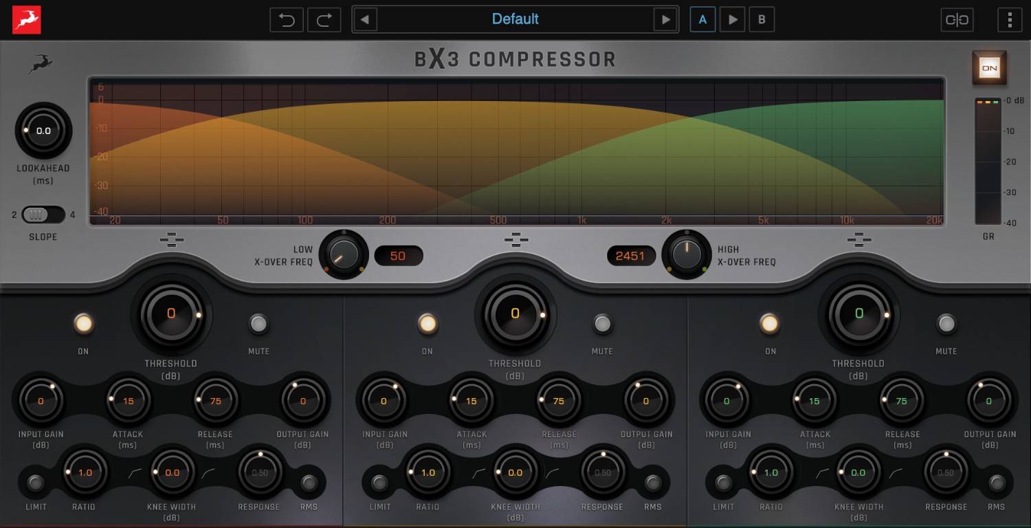 Three-band compressor for mastering and mixing with per-band controls, lookahead, limiter, and spectral visualization.