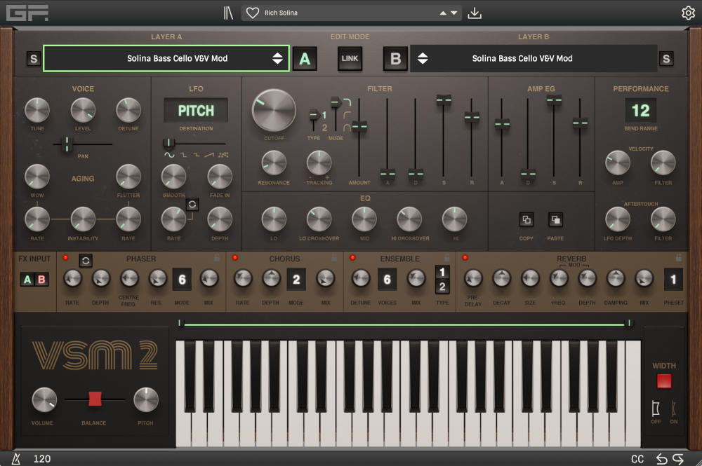 Sampled vintage string-machine tones from 46 instruments, dual-layer sound design, 1,900+ presets, and modern effects.