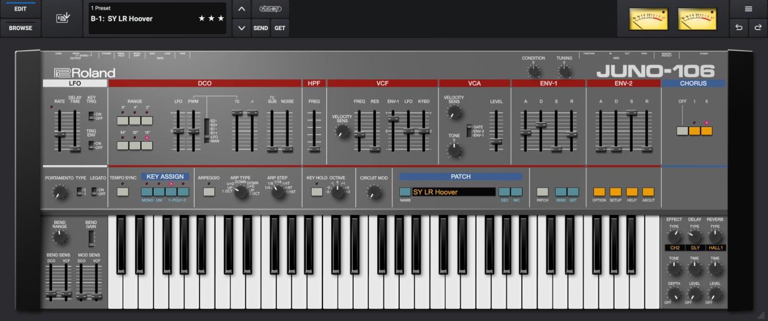 Authentic JUNO-106 emulation with vintage chorus, Circuit Mod tweakability, expanded envelopes, arpeggiator, and modern DAW integration.