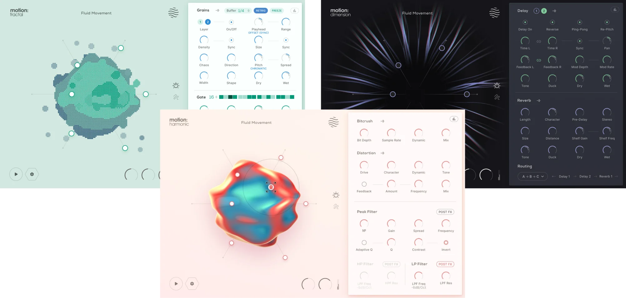 Three cursor‑driven effects — granular Fractal, delay/reverb Dimension, and distortion-focused Harmonic — for evolving textures and rhythmic processing.