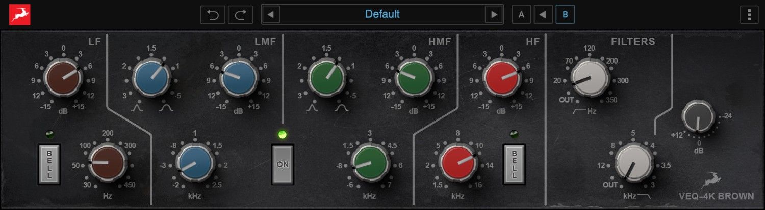 Emulates an early 80s four-band British console EQ with sweepable mid Q and selectable bell/shelf high/low bands.