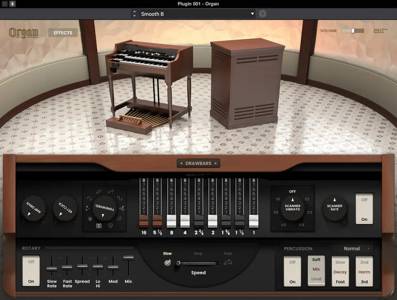 Tonewheel organ emulation with nine drawbars, rotary speaker, vibrato and onboard effects for vintage organ tones.