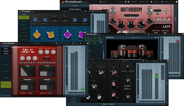 Five-plugin bundle providing customizable amp, compressor, delay, EQ, and reverb emulations with advanced modulation and surround features.