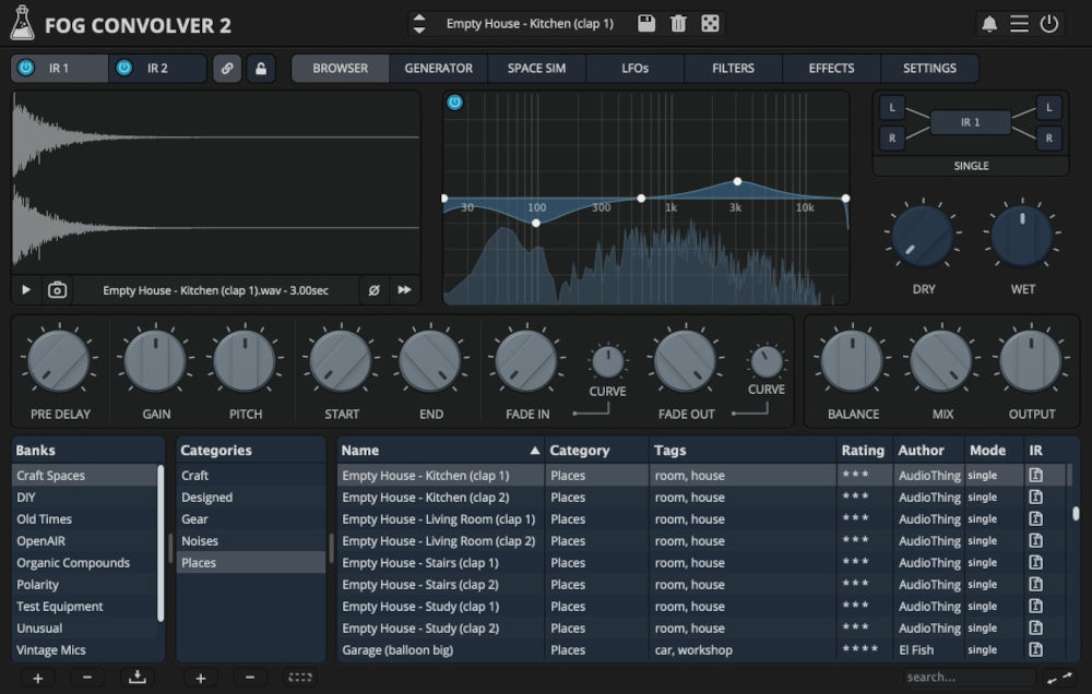 True-stereo convolution reverb with dual IRs, modulation, effects, and an impulse generator.