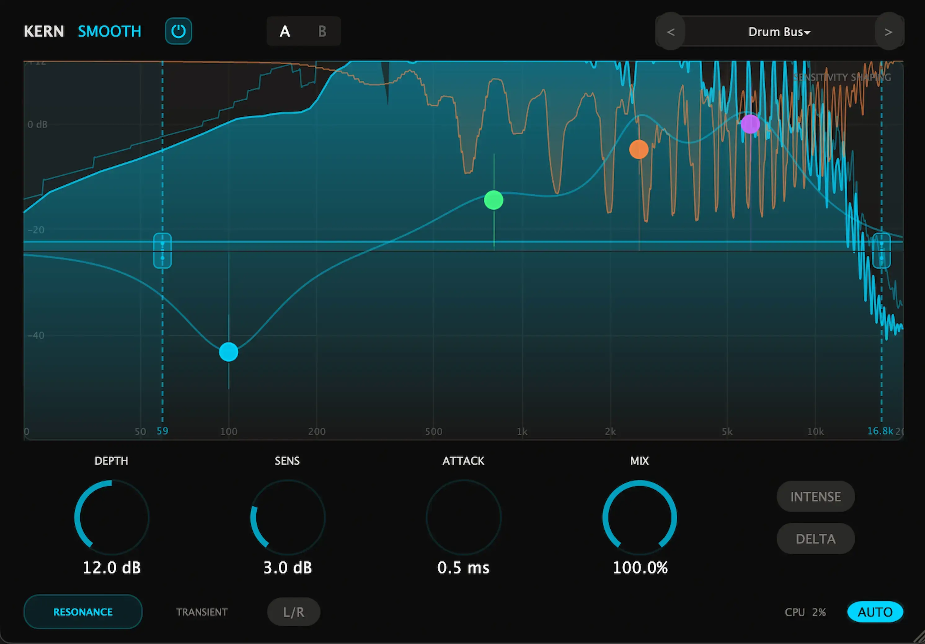 Ear‑scaled multiband suppression for resonances and percussive spikes with M/S routing and spectral feedback.