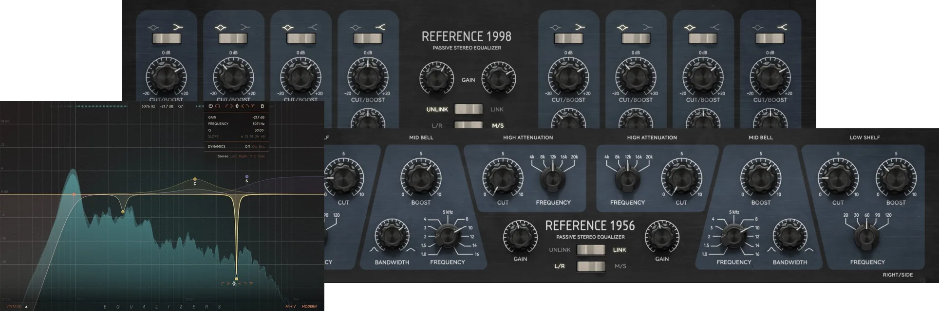 Includes Equalizers plus Reference 1956 and 1998 EQs for corrective and colored tonal shaping.
