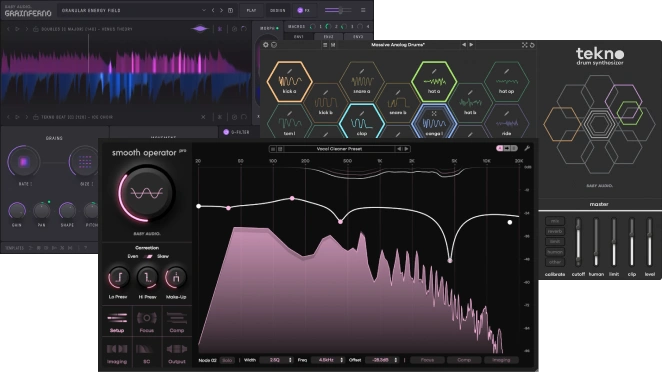 Granular sound design, sample‑free drum synthesis and dynamic spectral balancing in one bundle.