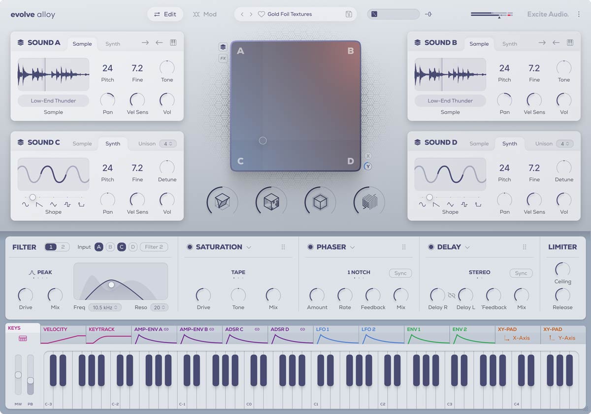 Sample-based synth focused on metallic timbres, offering four-layer layering, XY morphing, deep modulation, and metal-inspired effects.