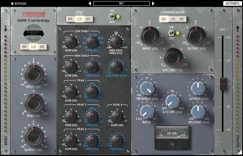Vintage-modeled channel strip with 27 character combinations and per-instance analogue variation.
