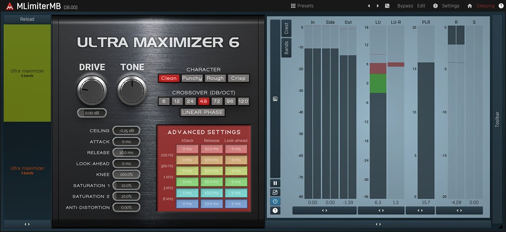 Multiband mastering limiter with configurable bands, detailed metering, and surround support up to 8 channels.