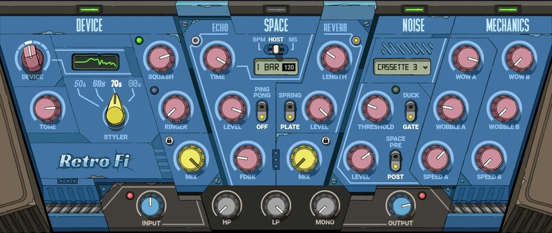 Multi-effect lo-fi chain for vintage noise, wobble, analog color and early-digital reverb/delay textures.