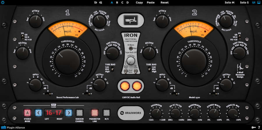 Vari‑Mu mastering compressor emulation with parallel tube circuits, rectifier modes, and Brainworx TMT analog modeling.