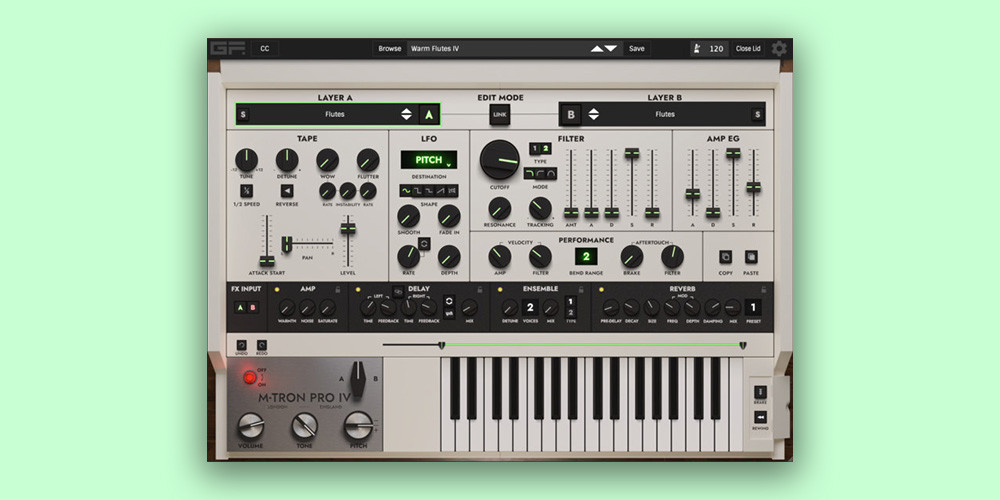 Digital emulation of Mellotron-style tape banks with extended ranges, tape effects and layered patching.