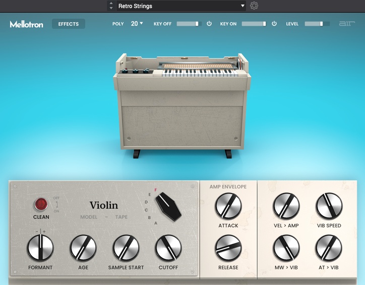 Authentic Mellotron tape-sample instrument with tape-age, formant and lo‑fi Flavour controls plus built‑in effects and presets.