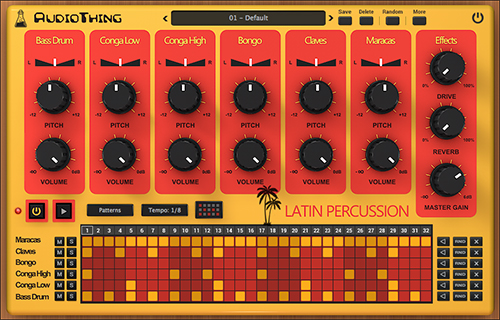 Sample-based vintage Latin drum machine emulation with independent voice controls and a drag-to-DAW sequencer.