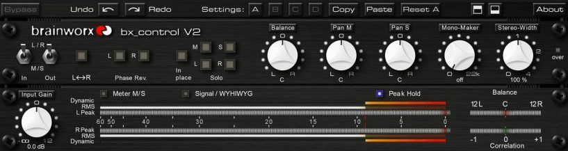 Mid/side matrix and monitoring utility with stereo width control and Mono Maker for low-end management.