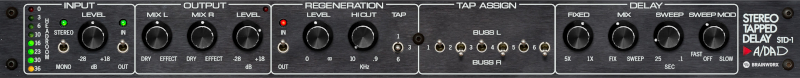 BBD-style stereo tapped delay emulation with six adjustable taps, dual LFOs, and flexible panning for guitars, vocals, and ambience.