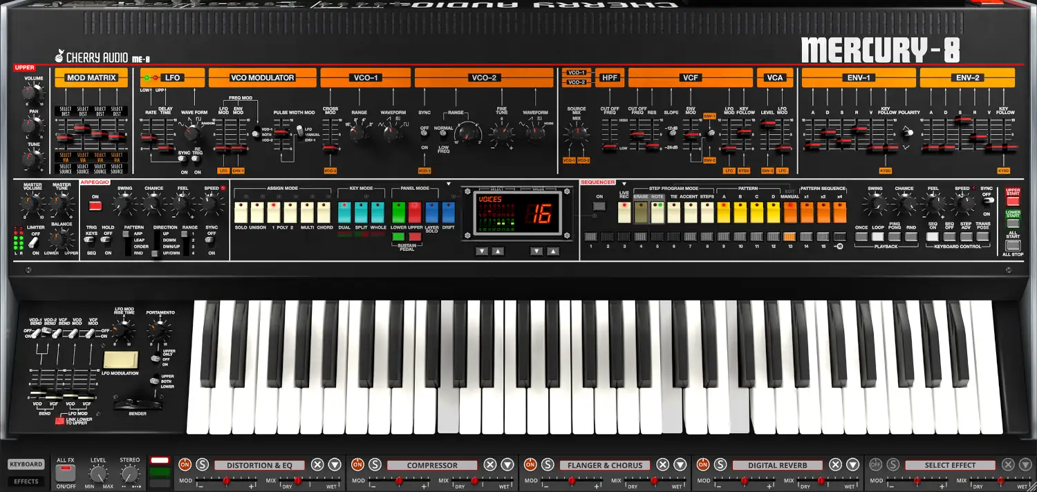 JP-8–inspired virtual-analog synth with dual layers, sequencing, modulation matrix, and three customizable effects chains.