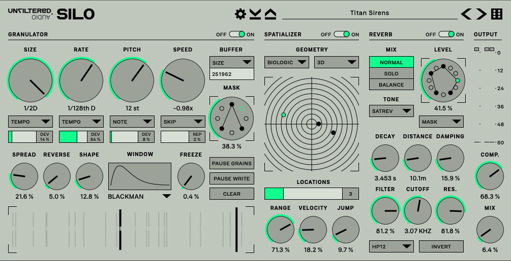 Granular reverb with per-grain control, movement modes and spatialization for creative ambience and effects.