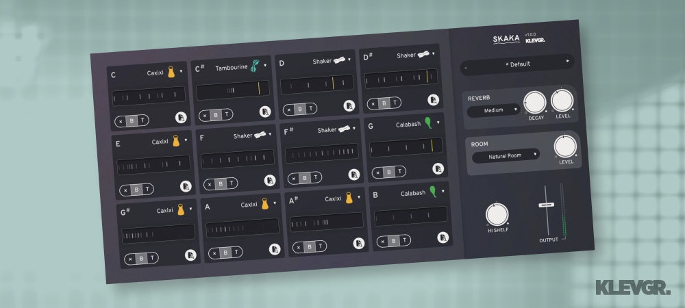 Sample-based shaker sequencer with 12 slots, detailed per-event control and built-in room/reverb.