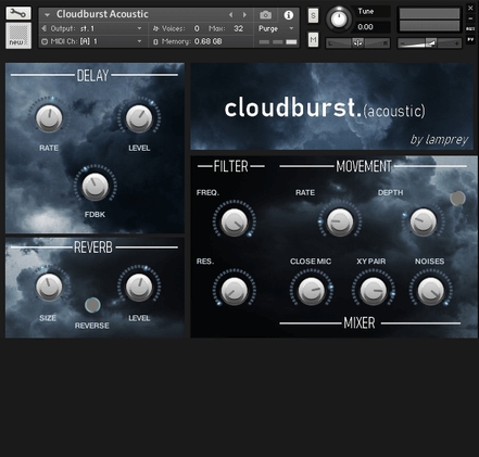 Sampled acoustic guitar natural harmonics with mic options, round‑robin, random noise and built-in Kontakt effects.