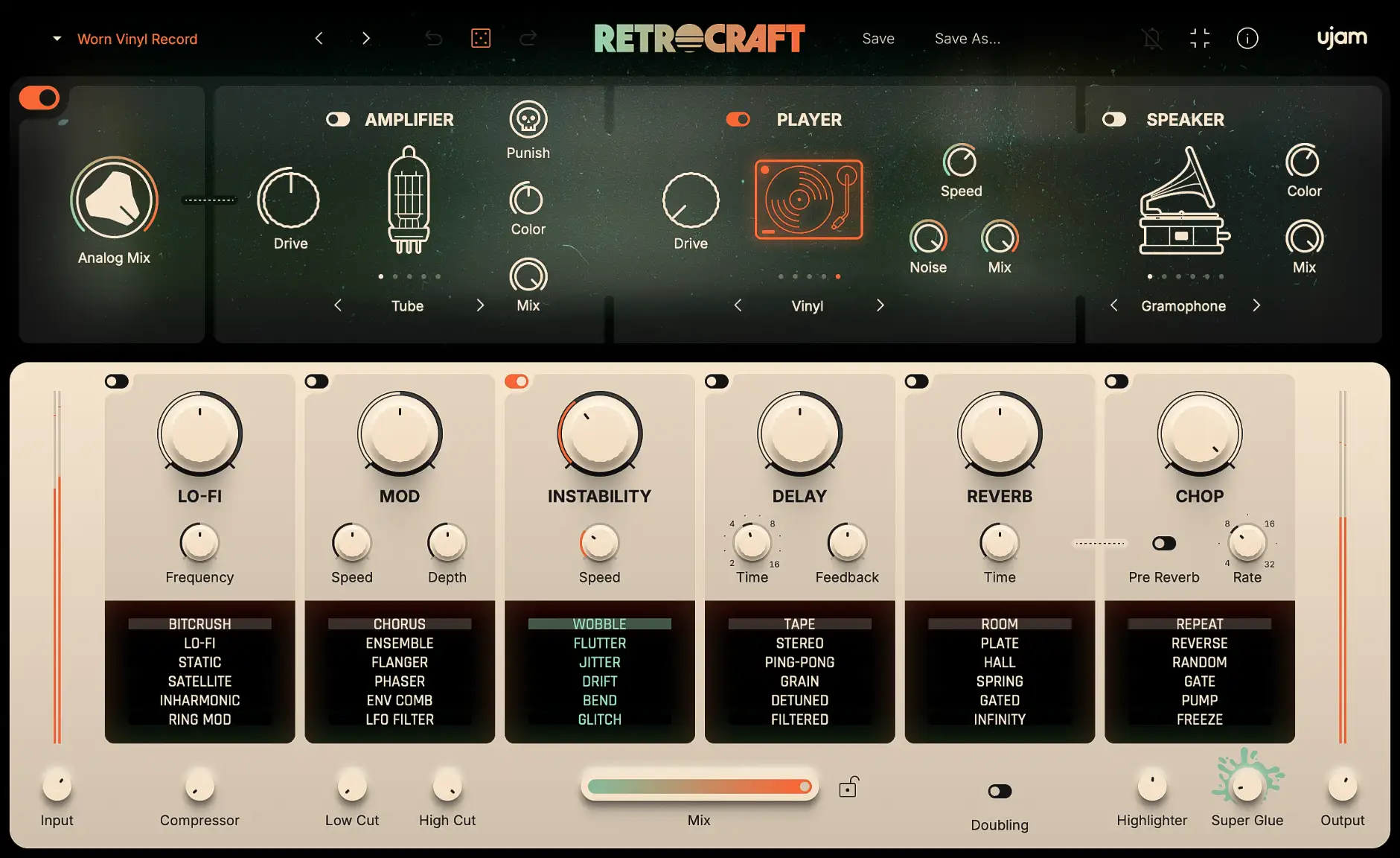 Adds vintage amp/player/speaker character plus multi-effects for lo‑fi, ambience, modulation and rhythmic glitching.