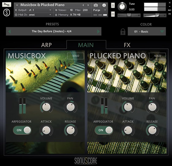 Dual music-box and plucked-piano Kontakt instrument with two customizable arpeggiators and mood-focused presets.