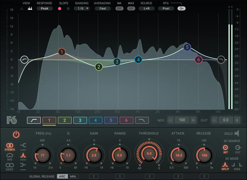 Six-band dynamic parametric EQ with mid/side processing and sidechain control for targeted problem-solving.