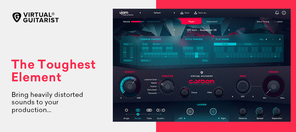 Heavily distorted, playable virtual guitar with layered soundstage, instrument and player modes, and a single-knob multi-effect finisher.