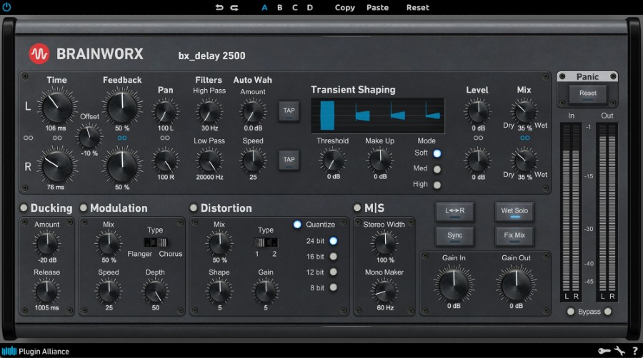 Feature-rich delay with M/S processing, transient shaping, modulation and built-in ducking.